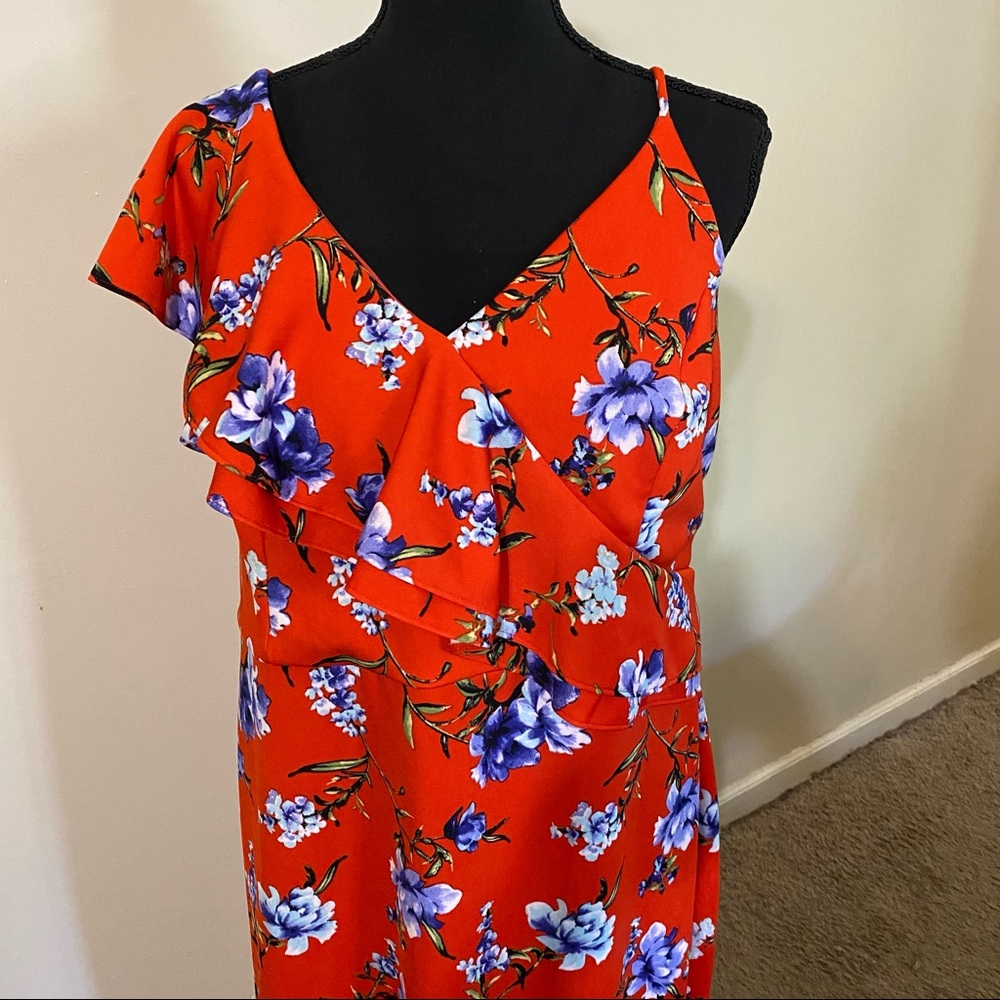 Orange Red Floral Ruffle Dress 3x - Picture 3 of 5